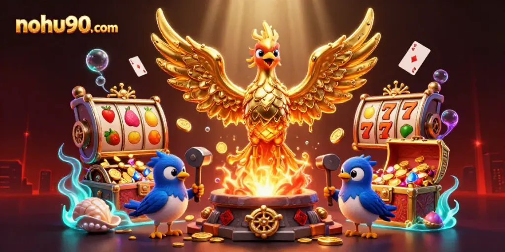Experience thrilling gameplay at nohu90 com with a golden phoenix and vibrant casino elements.