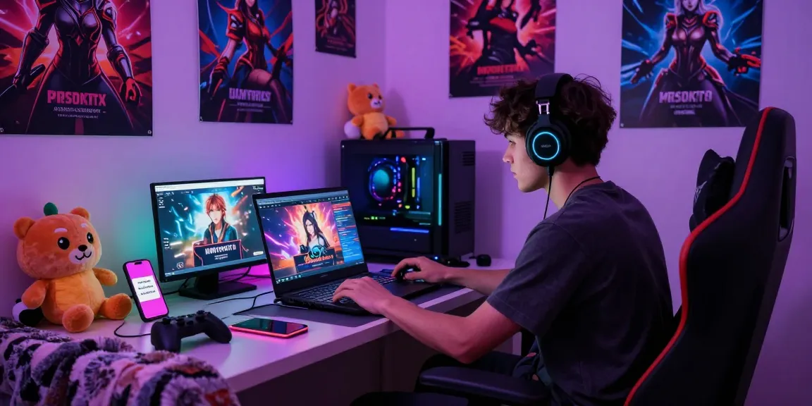 Immersive gaming scene featuring hentai games html with a player enjoying browser-based adult content in a stylish bedroom.