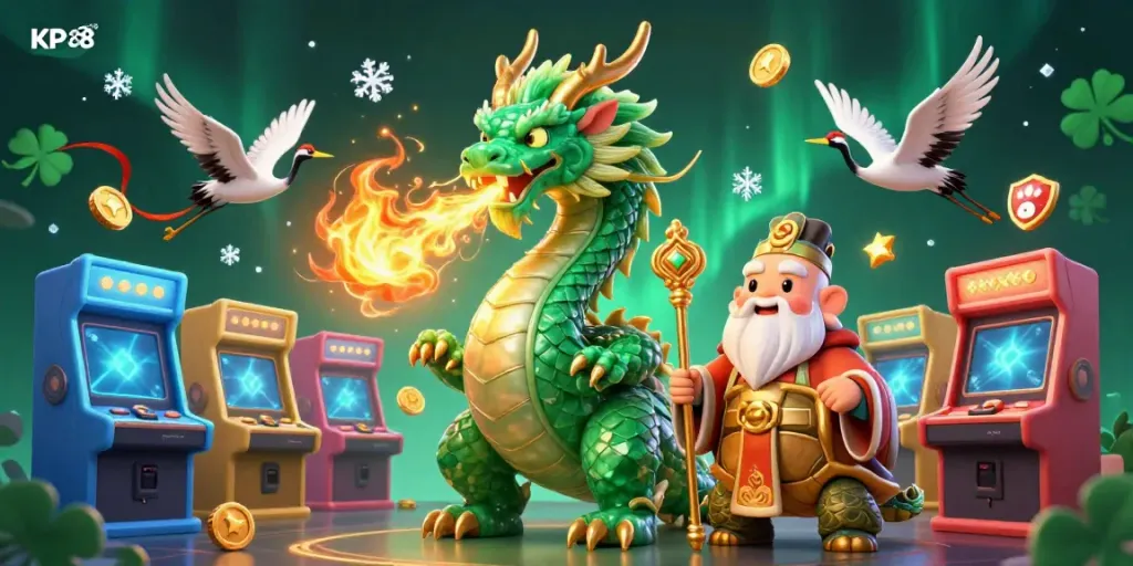 Join the excitement of KP88 with a massive jade dragon, colorful casino machines, and dynamic game elements.