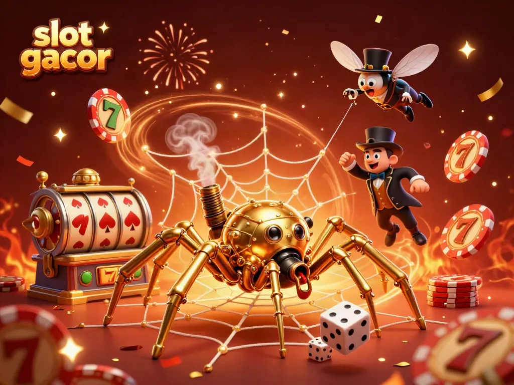 Experience thrilling slot gacor action as a golden spider weaves a jackpot web with vibrant casino elements.