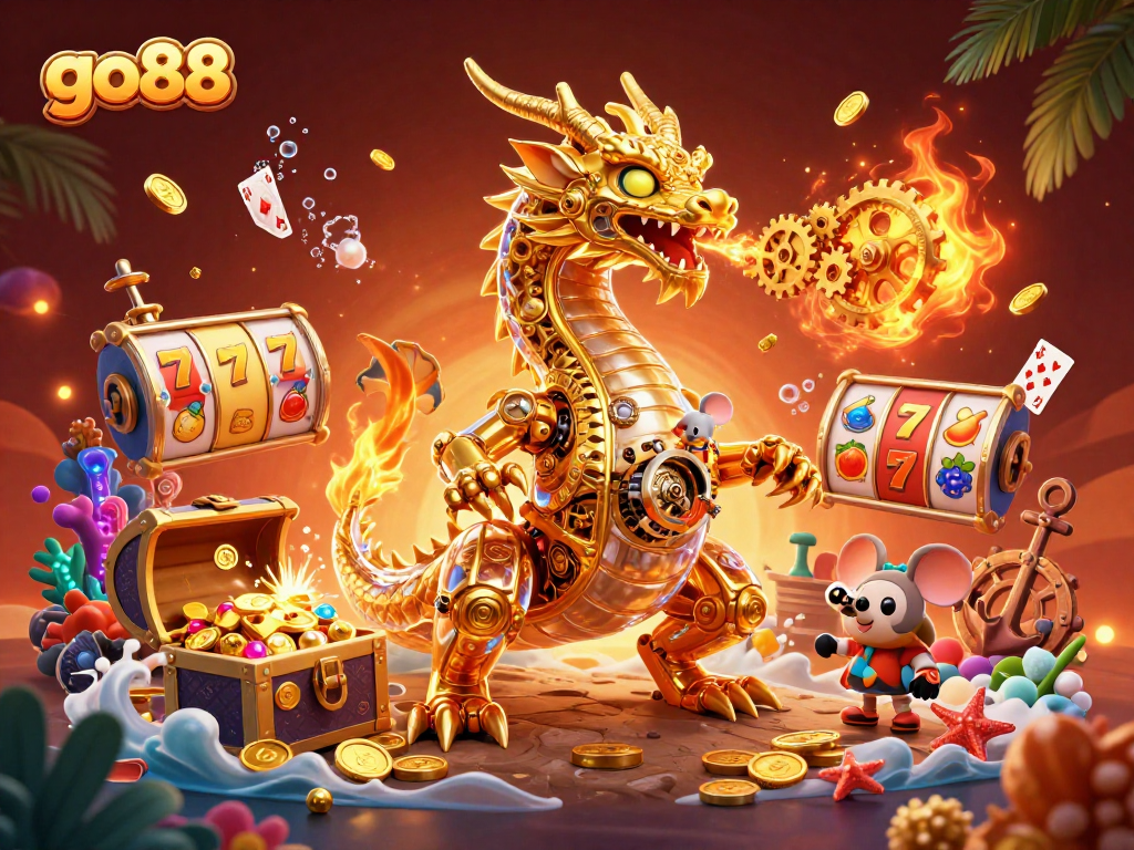 Experience winning thrills at go88 with cartoon dragons and cascading slot symbols in a vibrant casino scene.