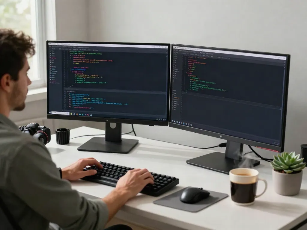 Developer coding in modern workspace, highlighting instant indexing on screens.