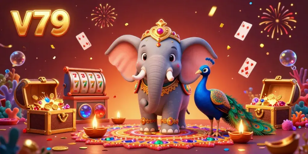 Experience excitement with v79’s vibrant casino scene featuring an elephant, peacock, and floating gems.
