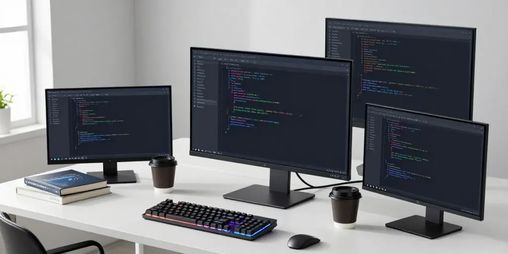 .uk domain registration setup in a modern developer workspace with code editor and technical books.
