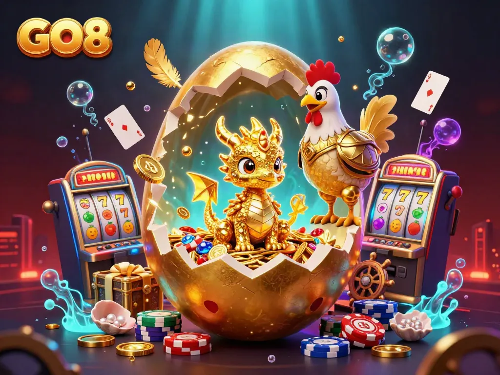 Experience GO8's excitement as a dragon guards a treasure nest of poker chips in a vivid casino scene.