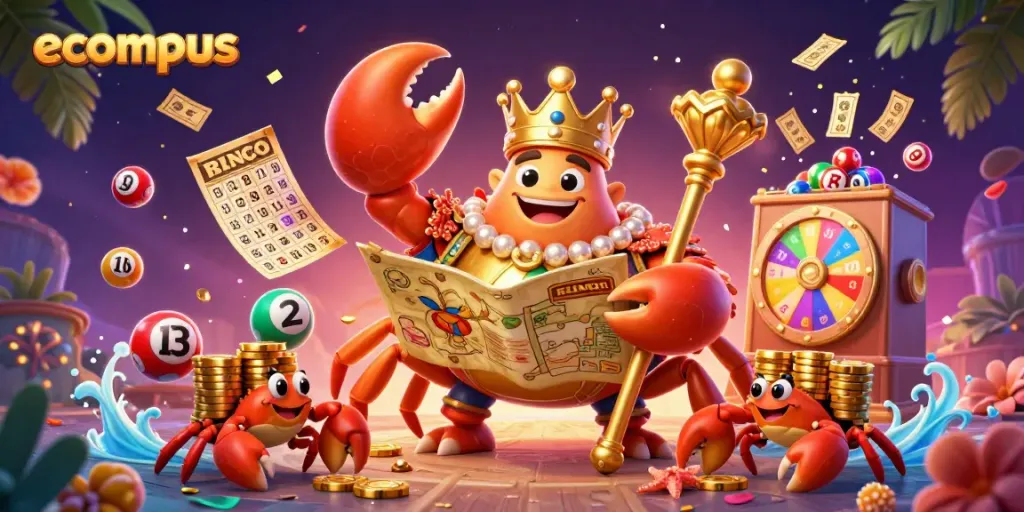 Experience exciting gameplay with ecompus in a vibrant lottery-themed casino scene featuring a crab emperor.