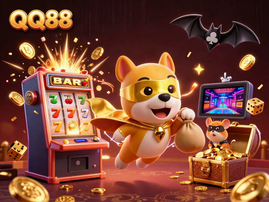 Experience QQ88 with a superhero dog and hamster in a vibrant casino scene, featuring slots and excitement.