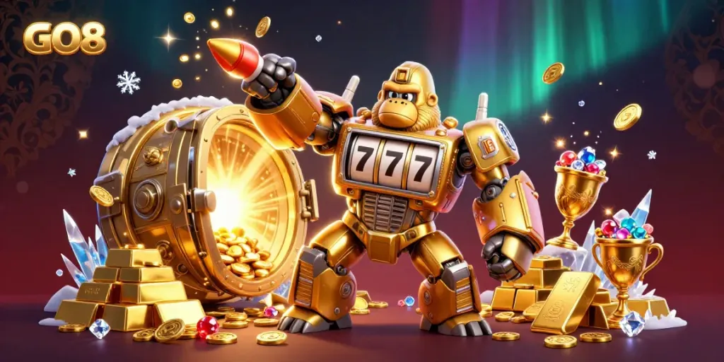 Join the excitement with the GO8 golden gorilla mech, slot machine elements, and treasures exploding in a vibrant casino scene.