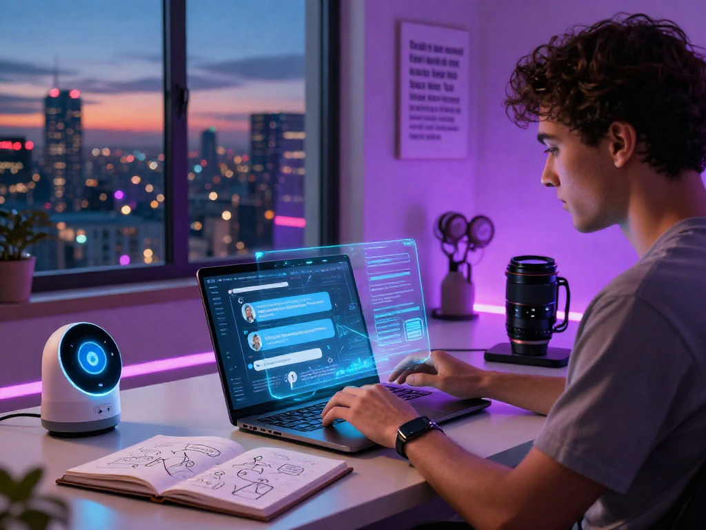 User engaged in nsfw ai chat on a sleek laptop in a modern workspace with futuristic elements.