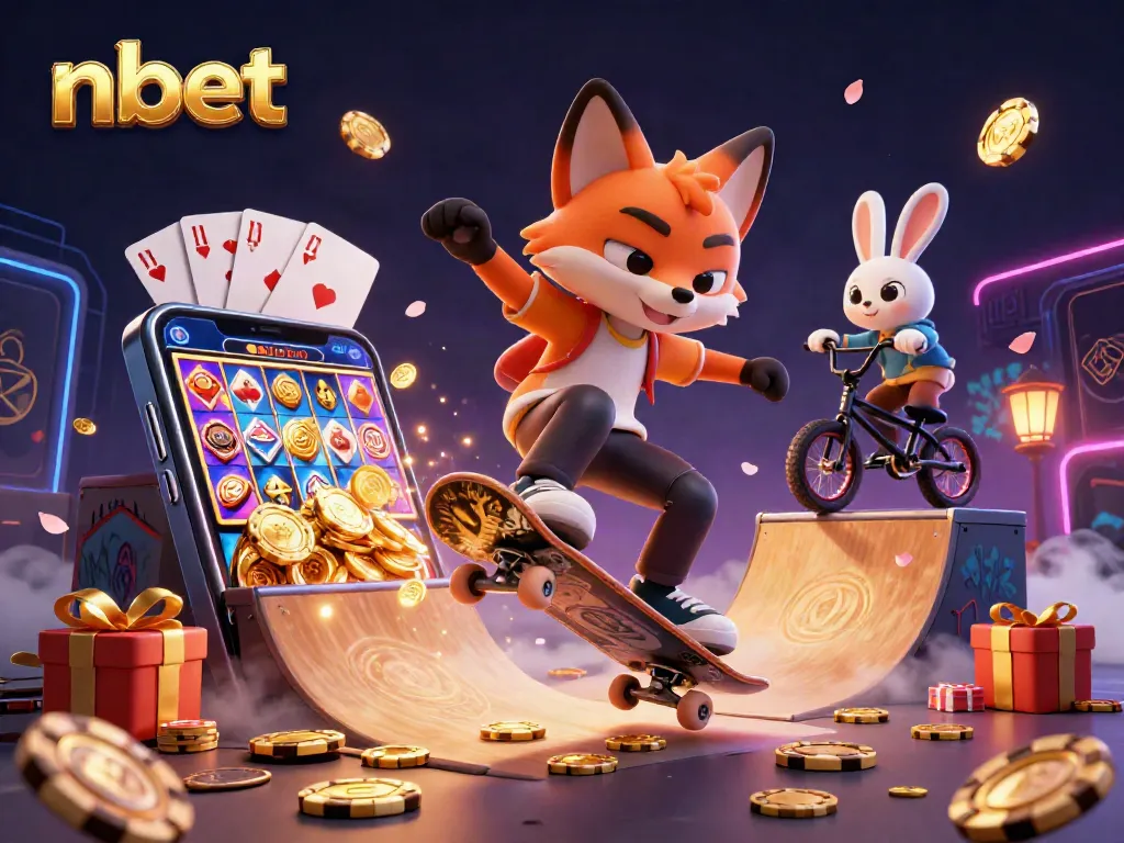 Experience thrilling gameplay with nbet's vibrant casino scene featuring a skateboarder fox and BMX rabbit.