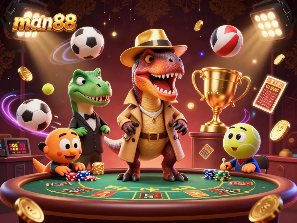 Striking scene of man88 with a velociraptor counter, stegosaurus pit boss, and dynamic sports betting elements.