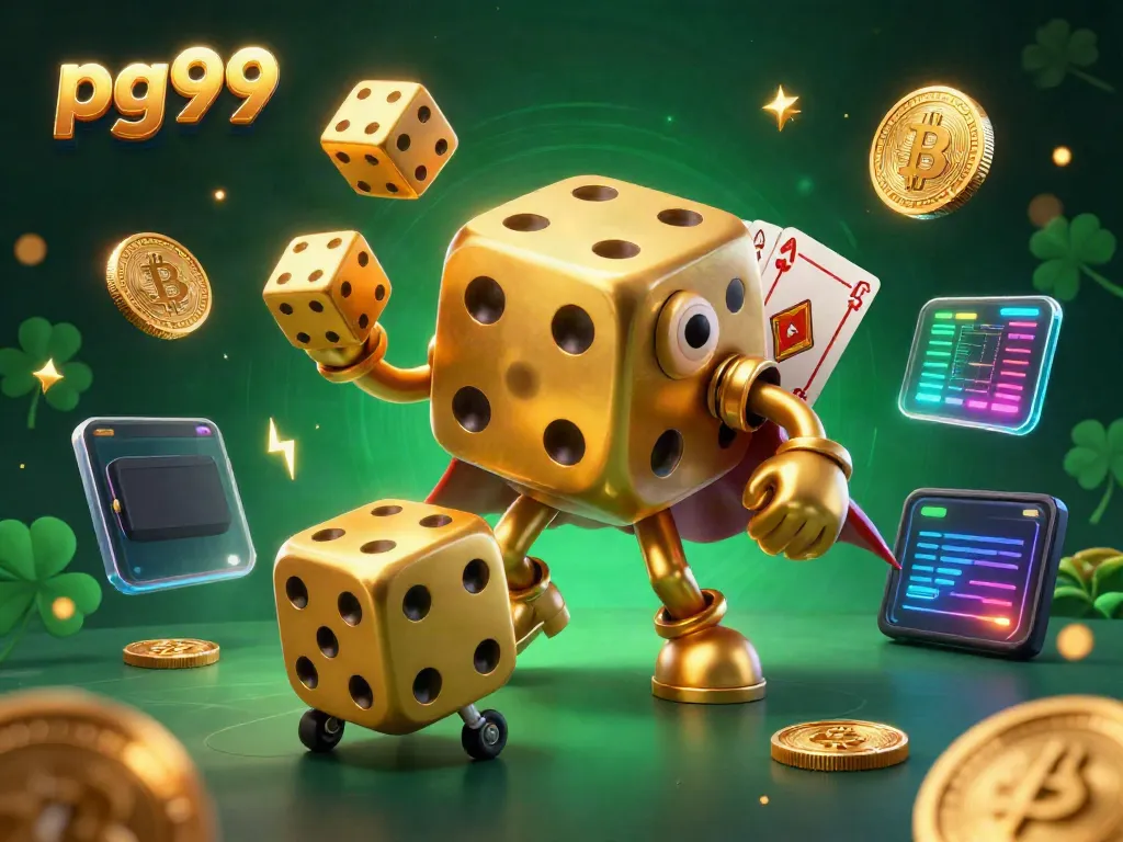 Experience thrilling gameplay at pg99 with vibrant golden dice and cryptocurrency elements in an exciting casino scene.