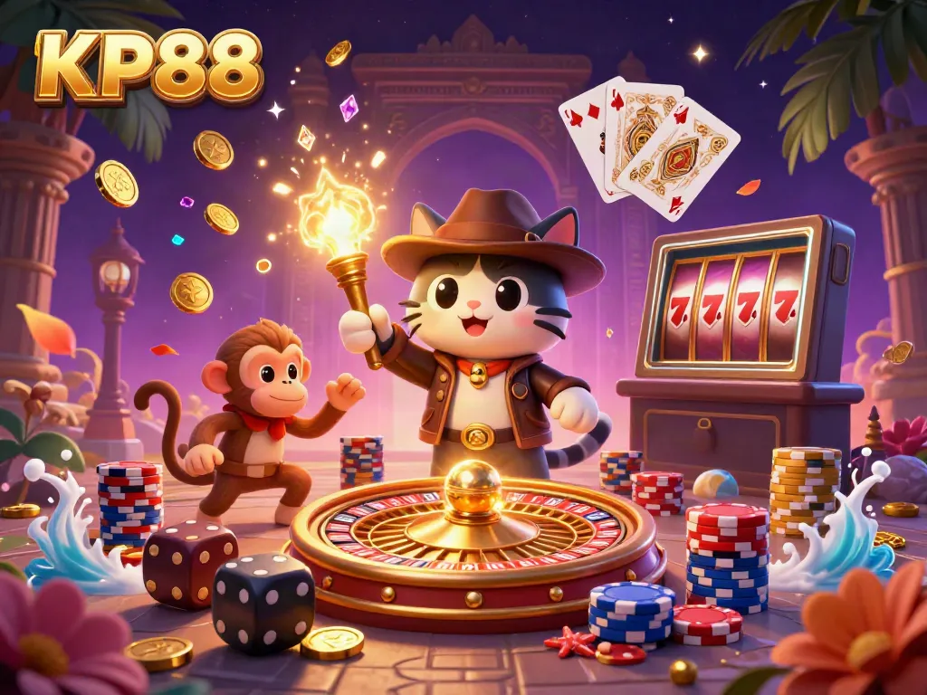 Experience the excitement of KP88 as the explorer cat unearths golden gaming treasures in a vibrant temple scene.