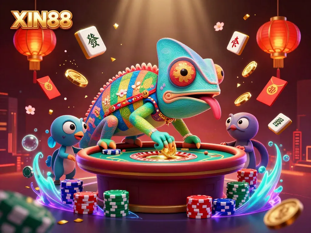 XIN88 casino scene featuring a colorful chameleon character surrounded by gaming icons and festive elements.