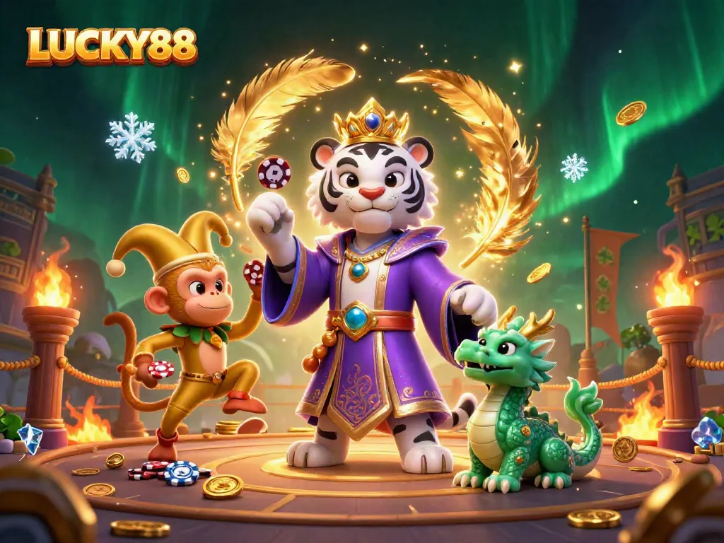 Experience the dynamic world of LUCKY88 with an elegant tiger and playful monkey in a vibrant casino scene.