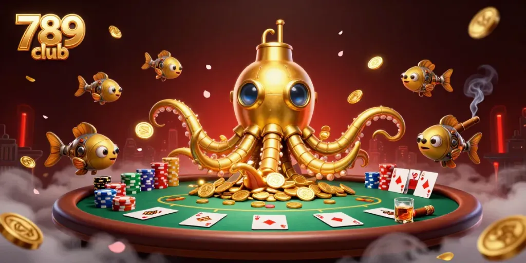 Play poker in style with 789 club's golden kraken submarine amidst dynamic casino elements.