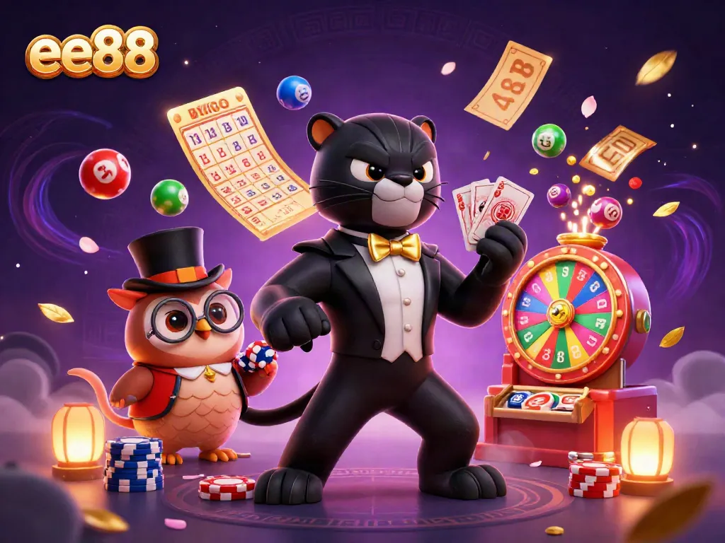 Engage in thrilling gameplay at ee88 with a stylish black panther dealer amidst animated casino elements