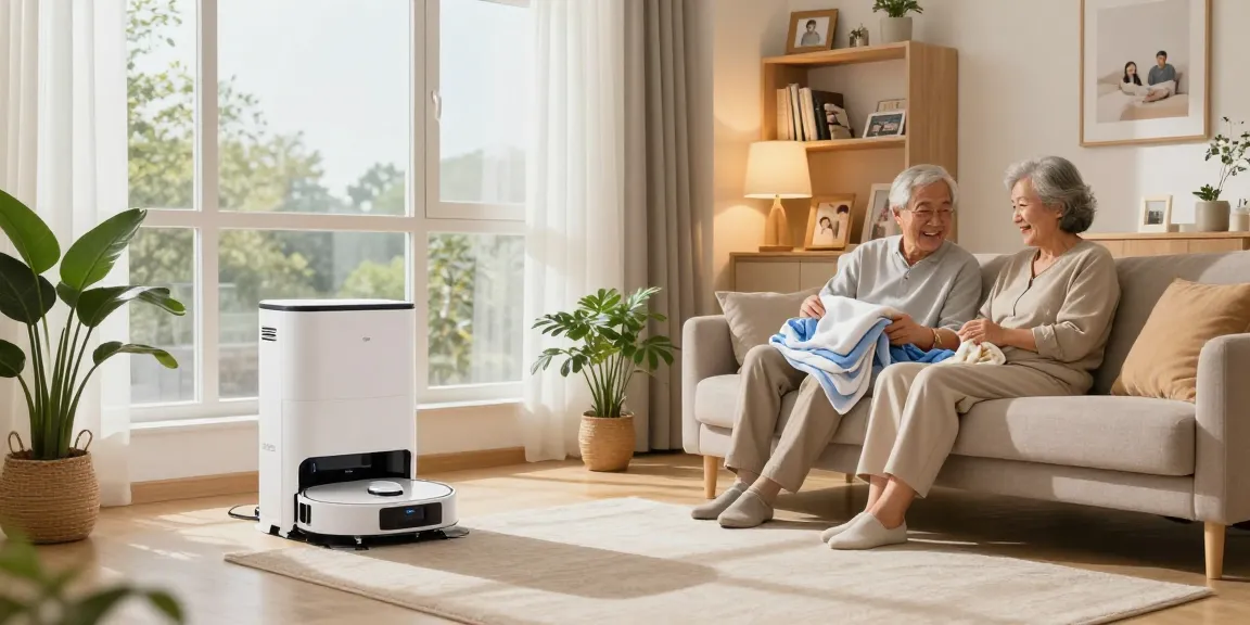 Home robot folding laundry in a cozy living room with an elderly couple relaxing nearby.