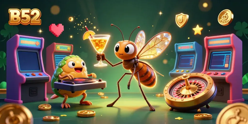 Engage with B52 through a vibrant casino scene featuring unique anthropomorphic characters and game elements.
