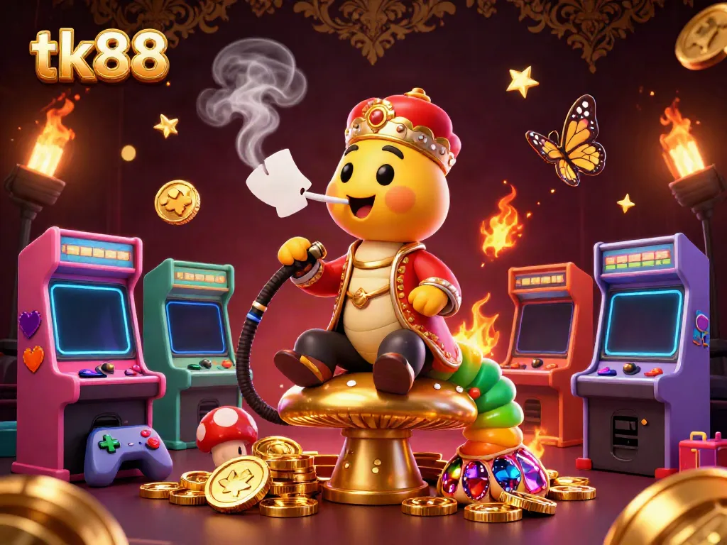 Experience the excitement of tk88 with 3D games, coins, and poker visuals in a lavish setting.