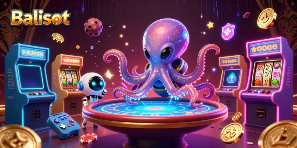Balislot alien octopus oversees a futuristic poker game, showcasing vibrant 3D casino elements.