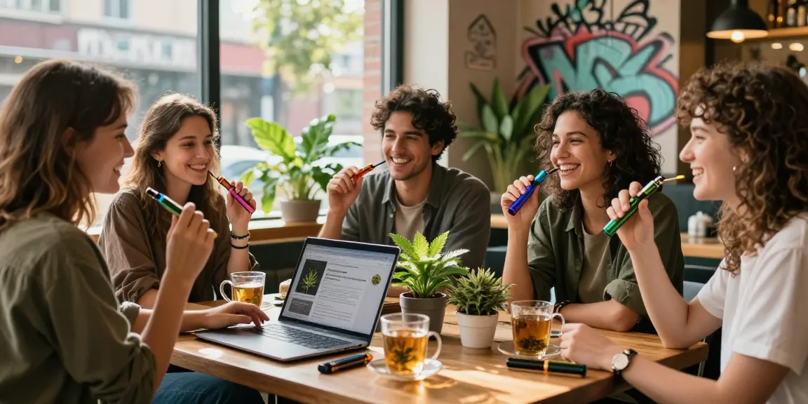 Friends savoring moments with weed pens at a trendy cafe, enjoying vibrant conversation and modern cannabis culture.