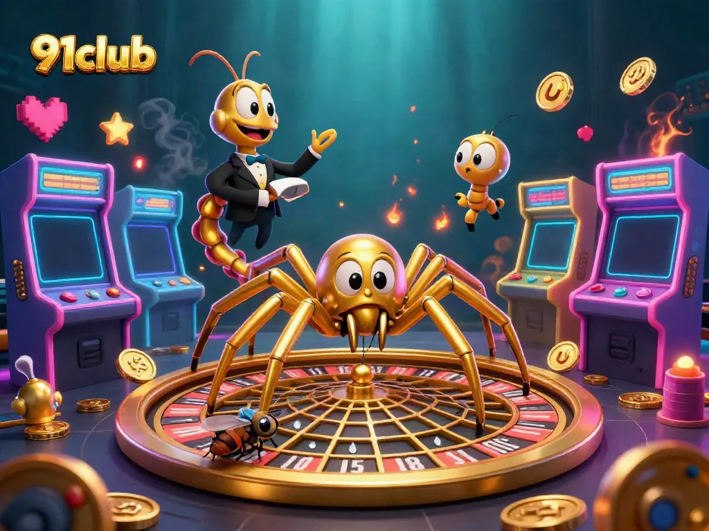 Engage the excitement of gambling with 91club, featuring a golden roulette web and playful characters.