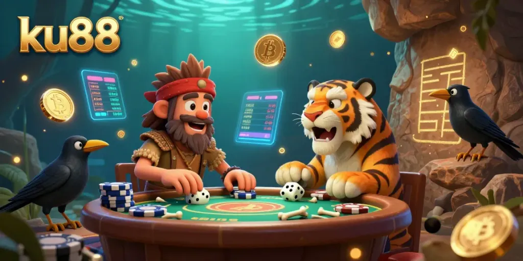 Join the excitement at ku88's prehistoric casino with caveman, sabertooth tiger, and crypto elements.