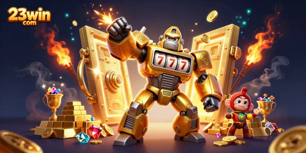 Witness the excitement with 23win com, showcasing a golden gorilla mech and overflowing treasures in this dynamic casino scene.