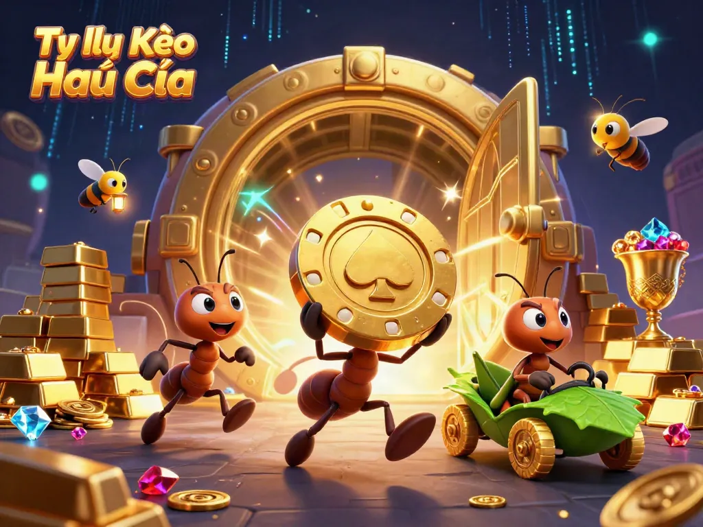Engaging scene highlighting Tỷ lệ Kèo Nhà Cái with a heist of cartoon ants carrying a giant poker chip and treasure.