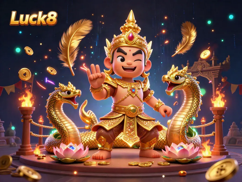 Experience thrilling action at Luck8 with a vibrant online casino scene showcasing games and characters in a lively atmosphere.