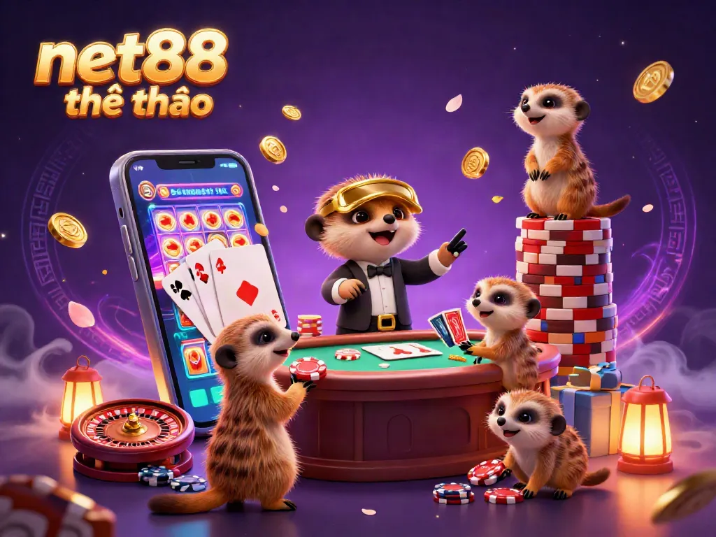 Experience the excitement of net88 thể thao with a lively casino scene featuring meerkats managing games, chips, and vibrant action.