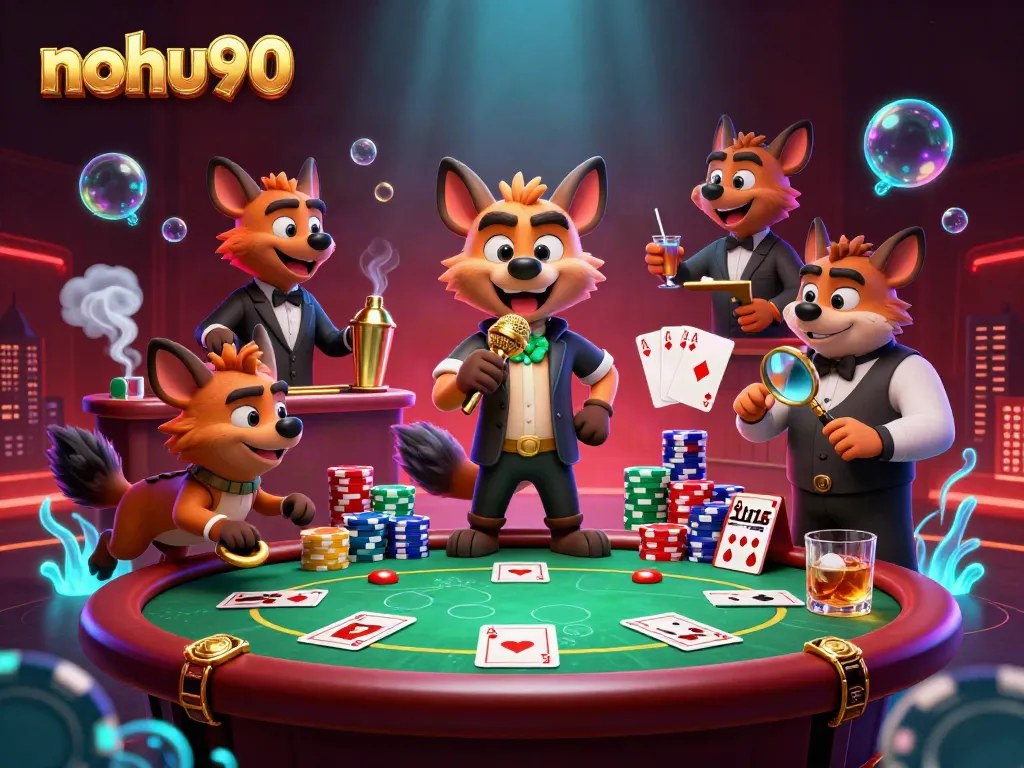 Experience the vibrant energy of nohu90's comedy casino club with hyenas mixing drinks and telling jokes.