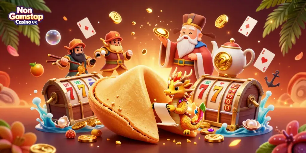 Engaging scene showcasing Non Gamstop Casino UK elements with fortune cookie, dragon, and dynamic gambling visuals.