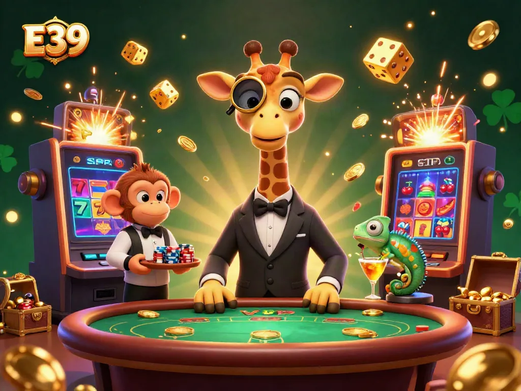 Experience the excitement of E39 with a high-roller giraffe and casino ambiance.