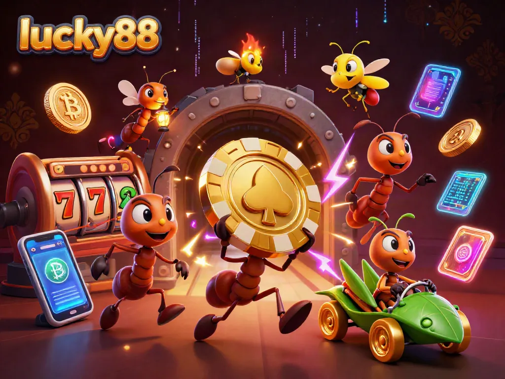 luck88 ants carry a giant poker chip in a vibrant casino heist scene filled with jackpot symbols.