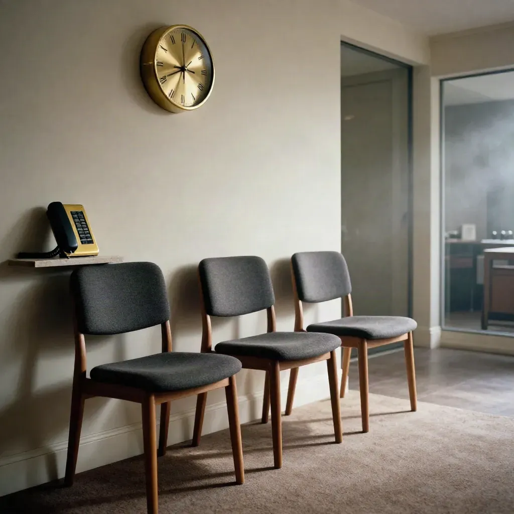 Three empty chairs, wall clock, and brass phone dock in a quiet interview room