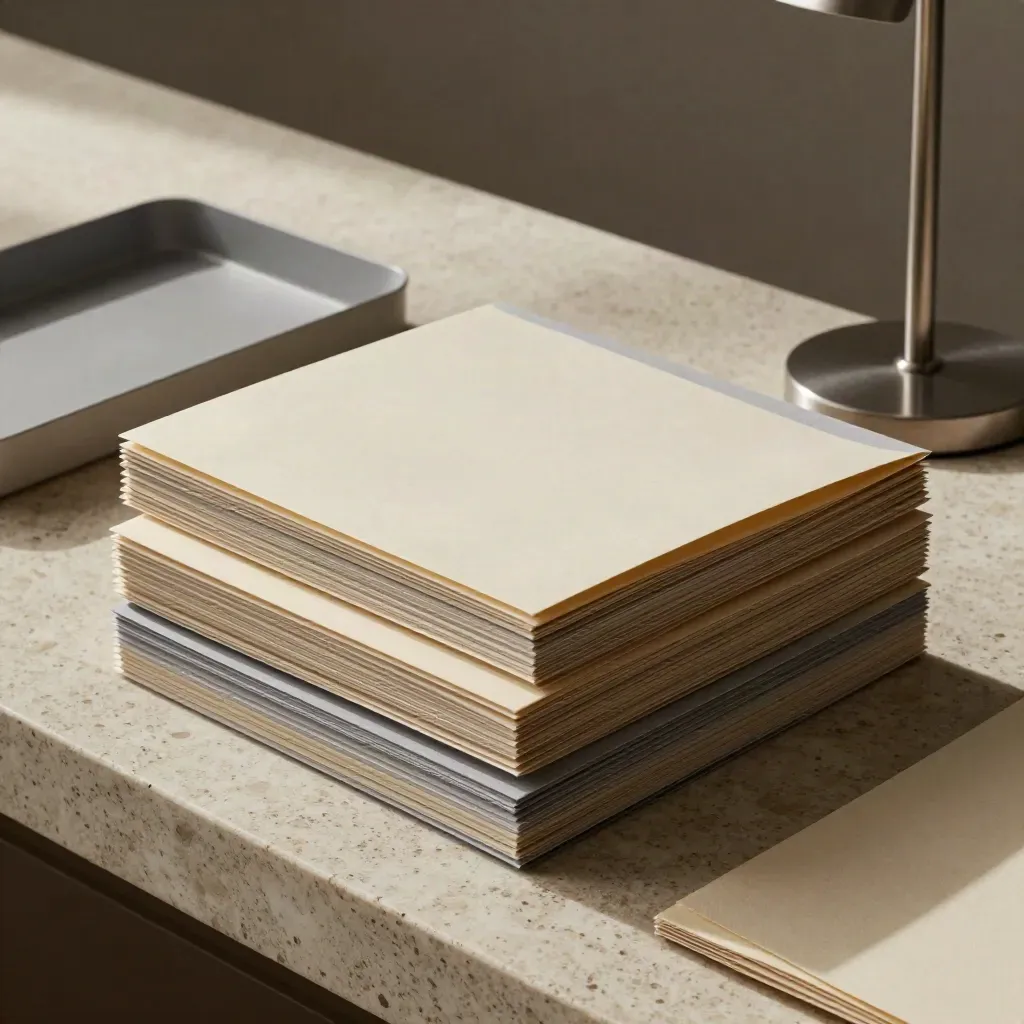 Overhead archive scene with candidate folders, lamp and tray on travertine.