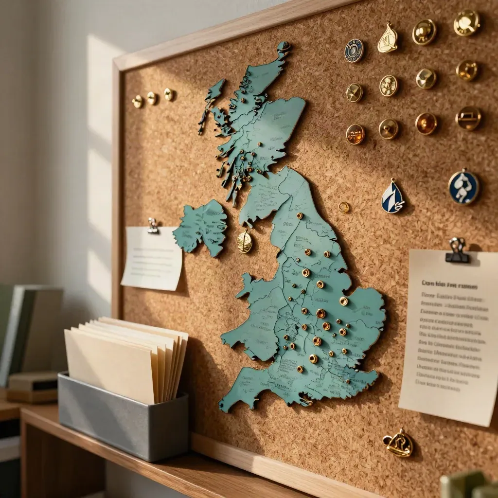 Close-up cork board with pins, regional markers and folders beside a tray in warm light.