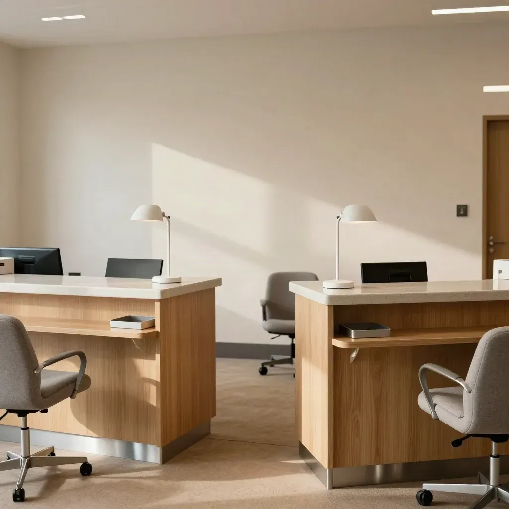 Twin empty care reception desks in a calm clinic lobby with waiting chairs