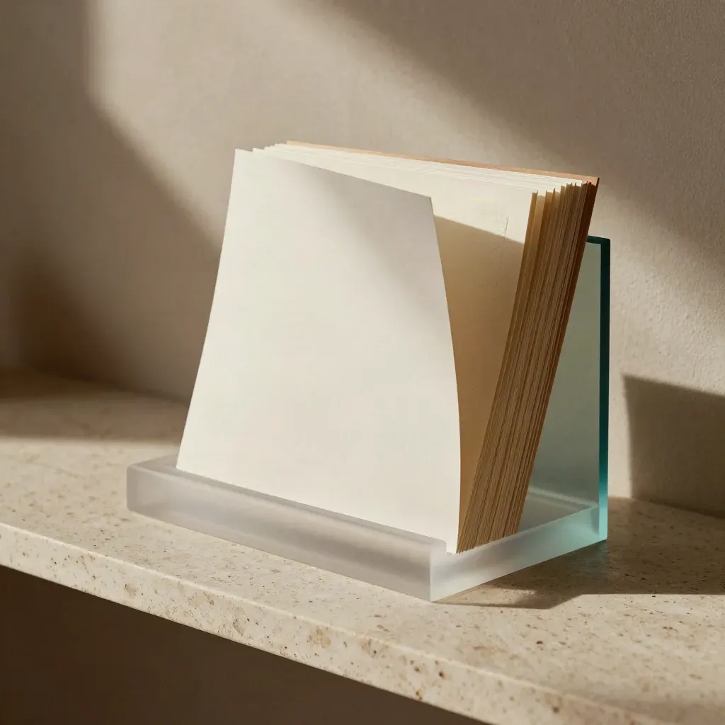 Employer-branding materials on a travertine plinth with a muted teal accent in warm daylight.