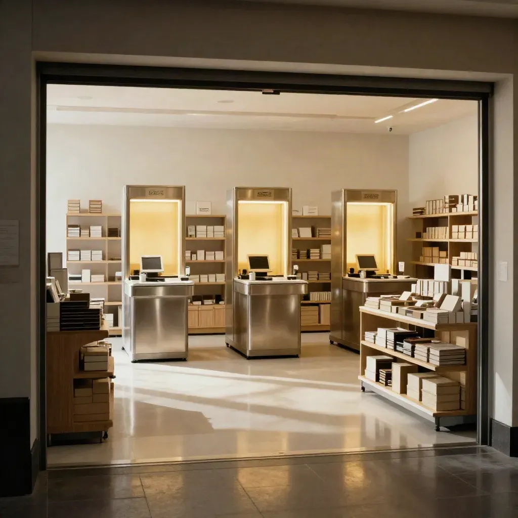 Empty retail store opening with three glowing checkout bays and arranged stock tables.