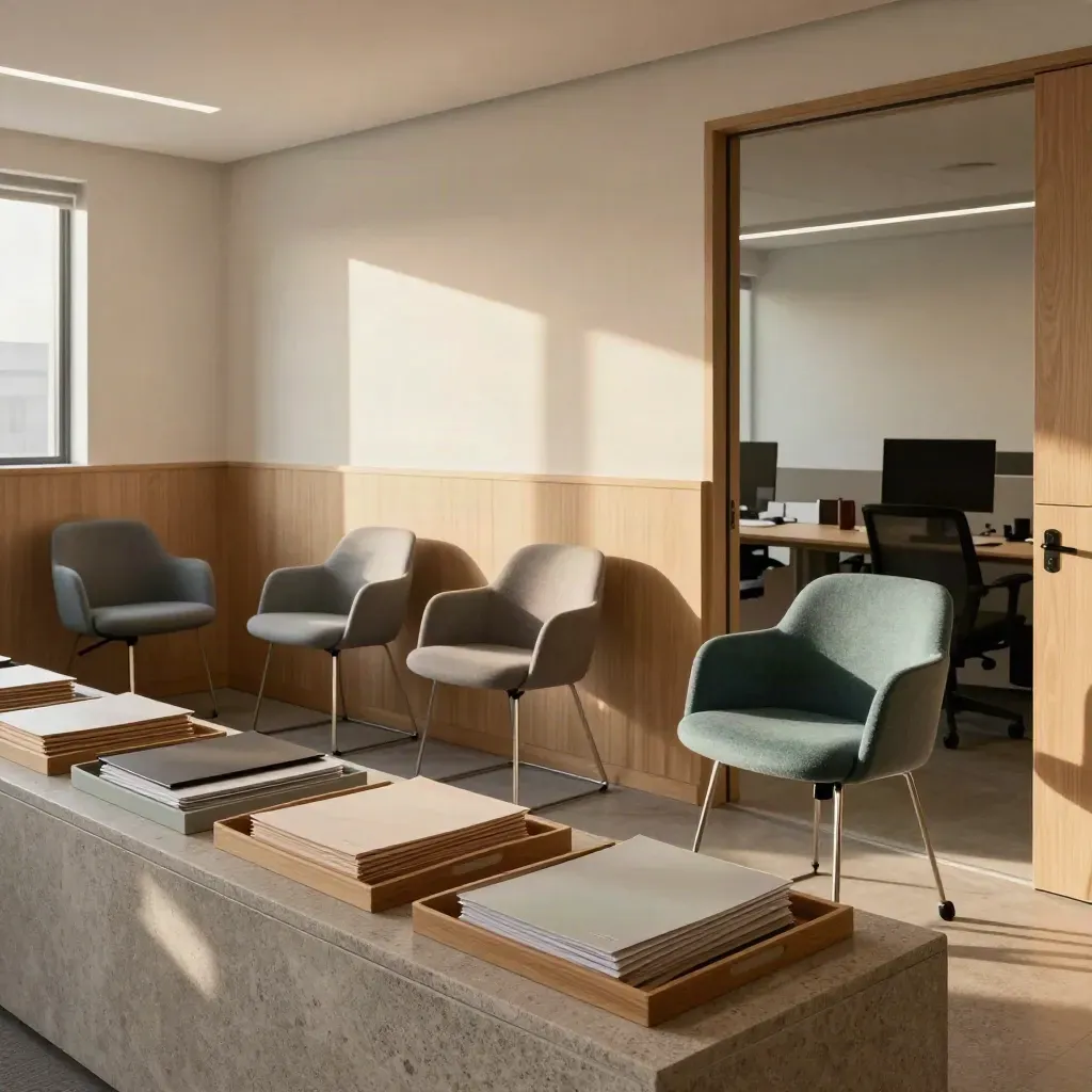 Sunlit startup office with interview chairs and candidate folders neatly arranged in trays.