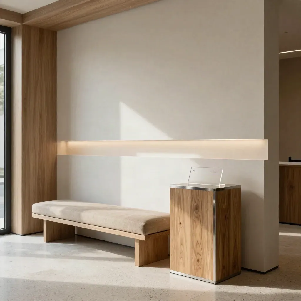 Renovated charity reception corner with oak plinths, soft daylight, and a calm off-white feature wall.