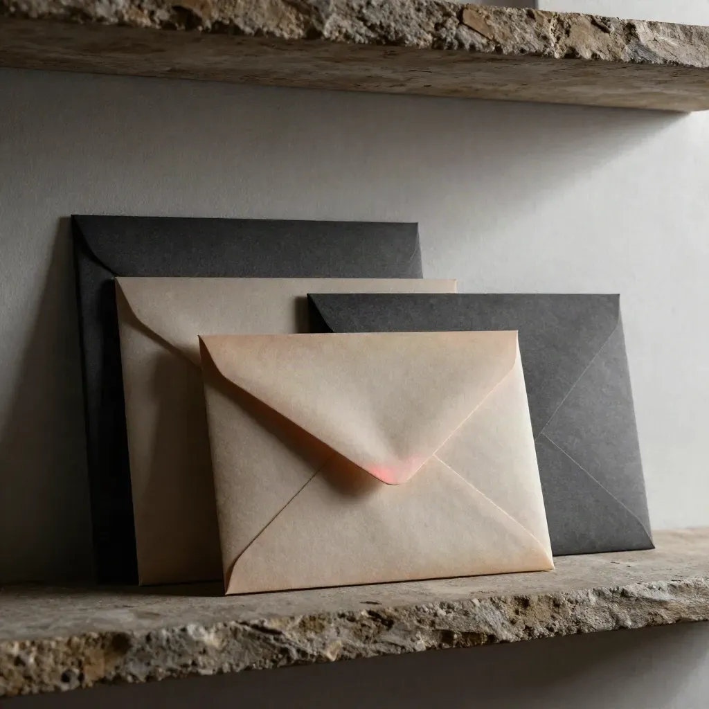 Frosted offer envelopes and folders on a stone shelf in moody cinematic light.