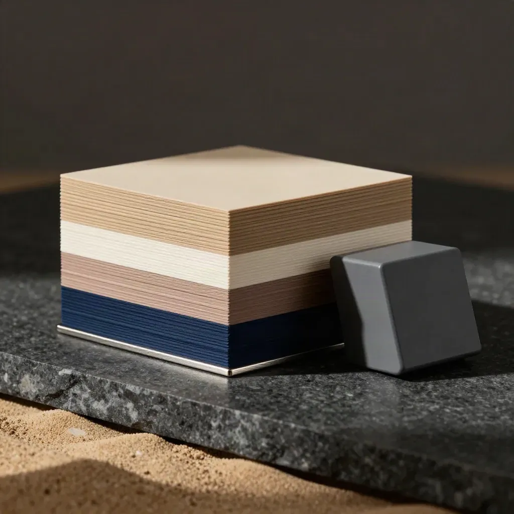 Colour chips, clips and timer cube on dark stone in dramatic studio light