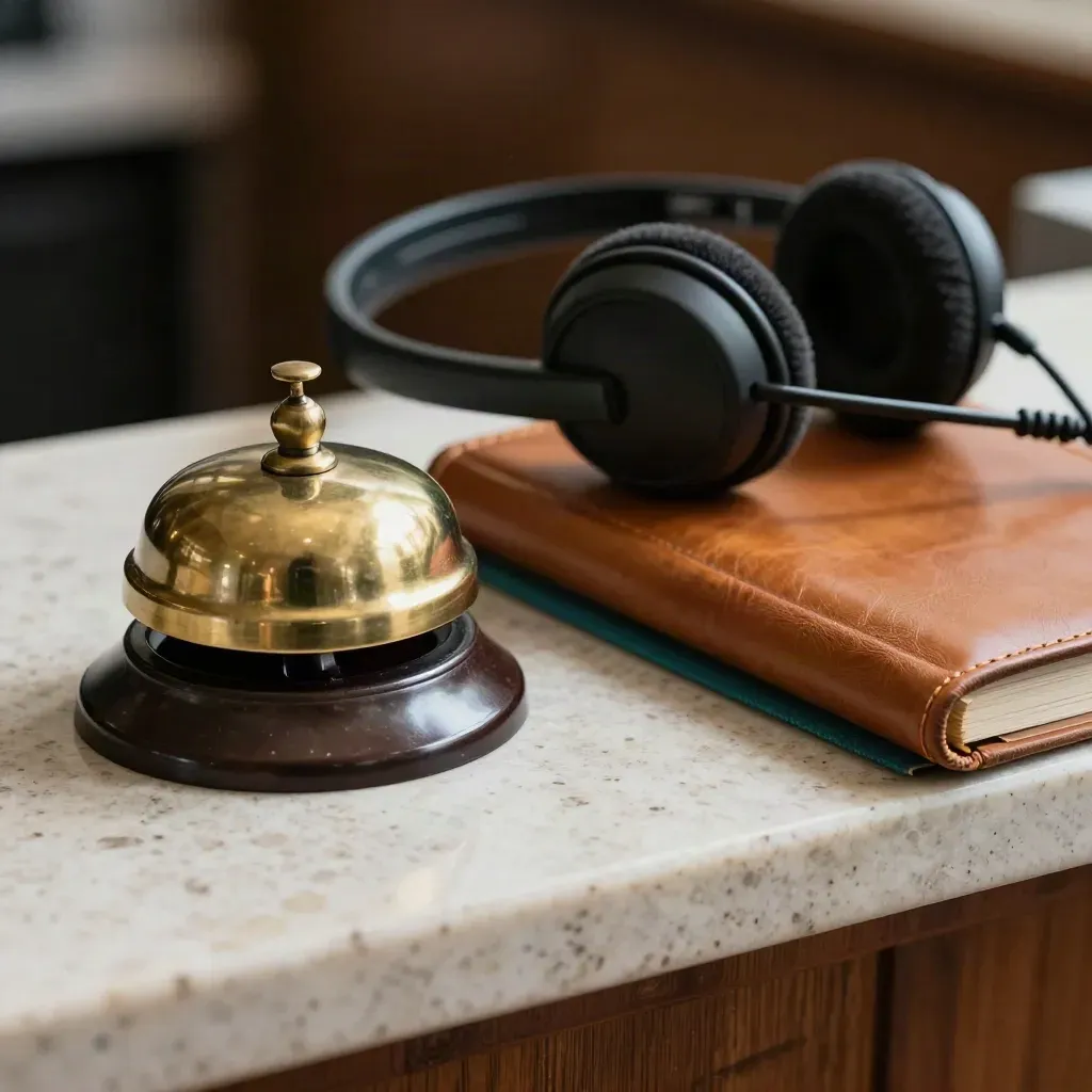 Macro side view of a brass desk bell, headset and leather address book on travertine with teal felt accent