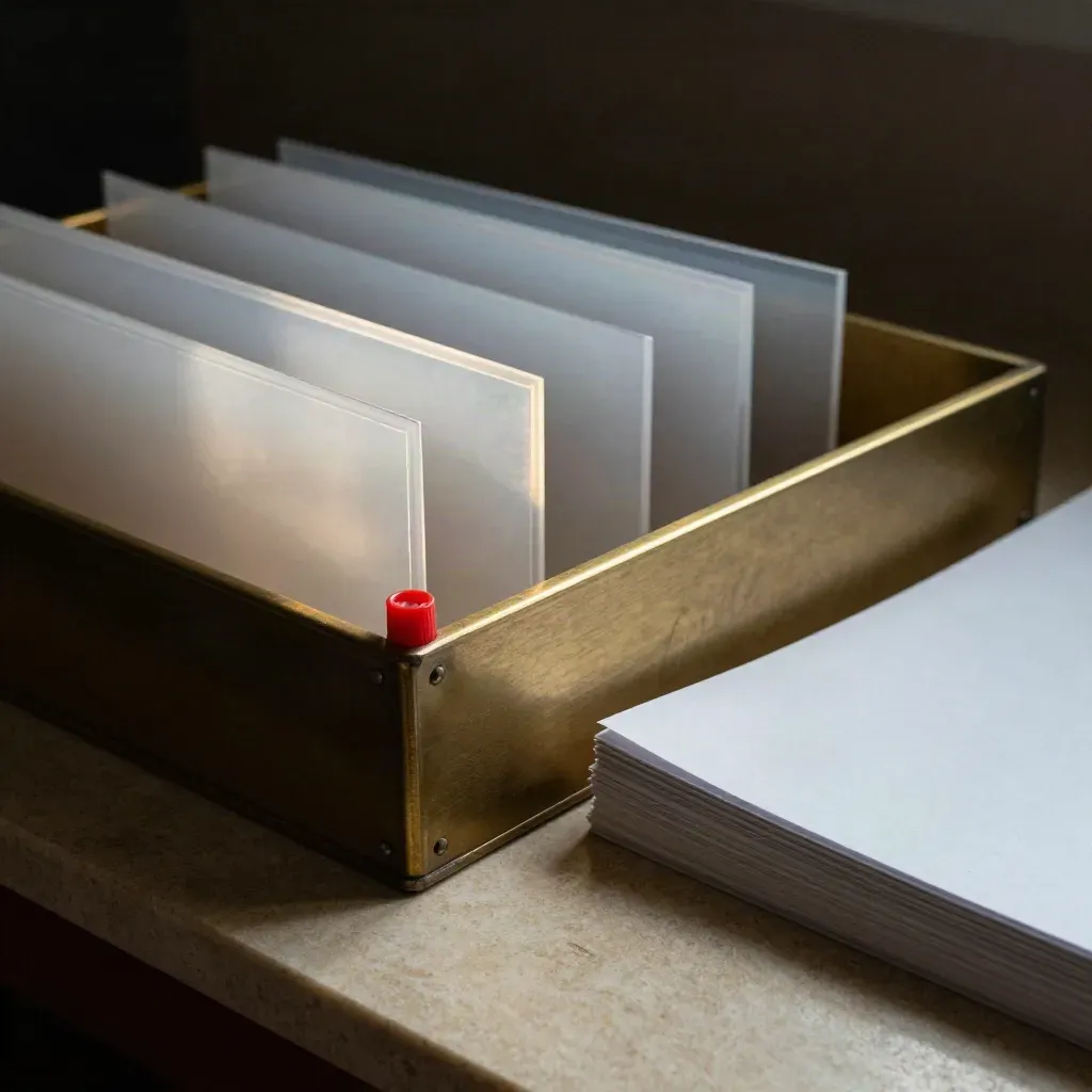 Close-up of CV sorting trays, translucent sleeves and a red cap on a pale review surface.