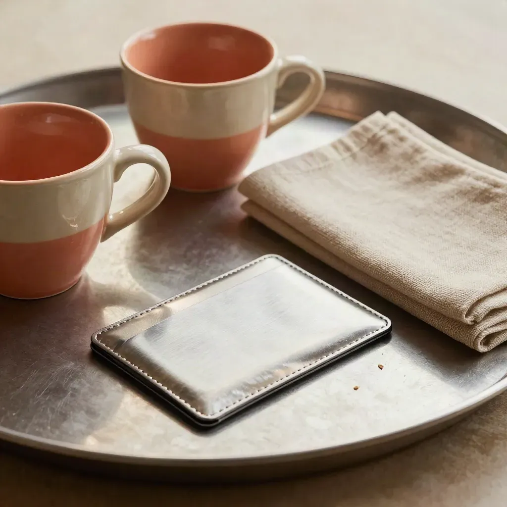 Ceramic cups, metal card case and linen napkin on a brushed tray in warm daylight.