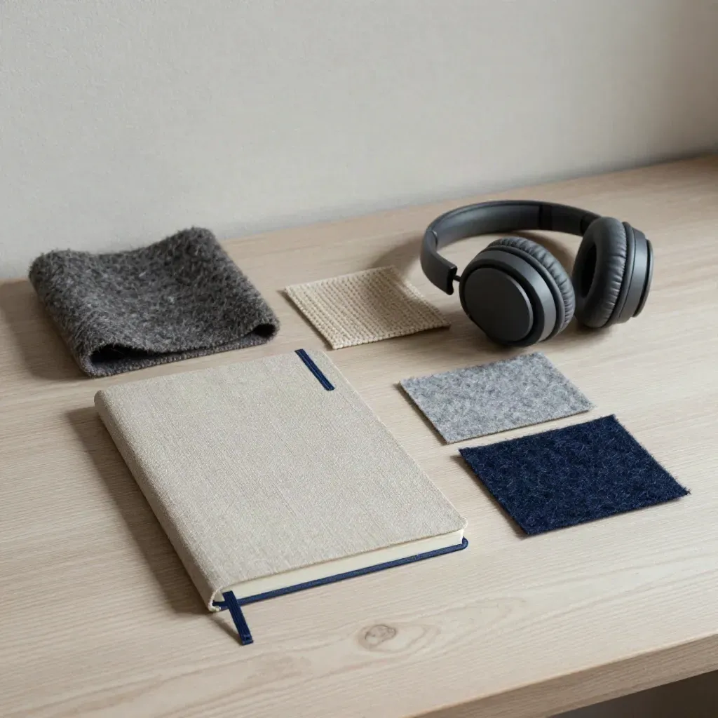 Closed linen notebook, headset and material swatches on pale wood in soft side light.
